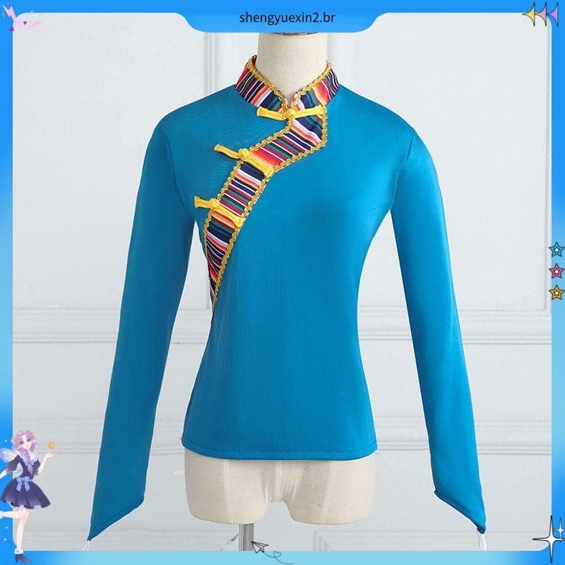 Traje de dança tibetana topo novo estilo étnico tibetano quadrado desempenho prática estiramento estilo étnico gola supe