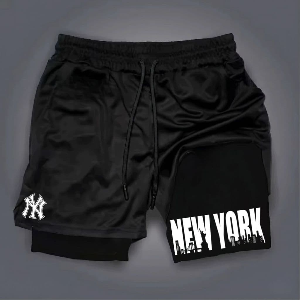 Shorts Bermuda 2 em 1 Estampa New York Para Academia treino e corrida hard muay thai jiu jitsu short dry compressão