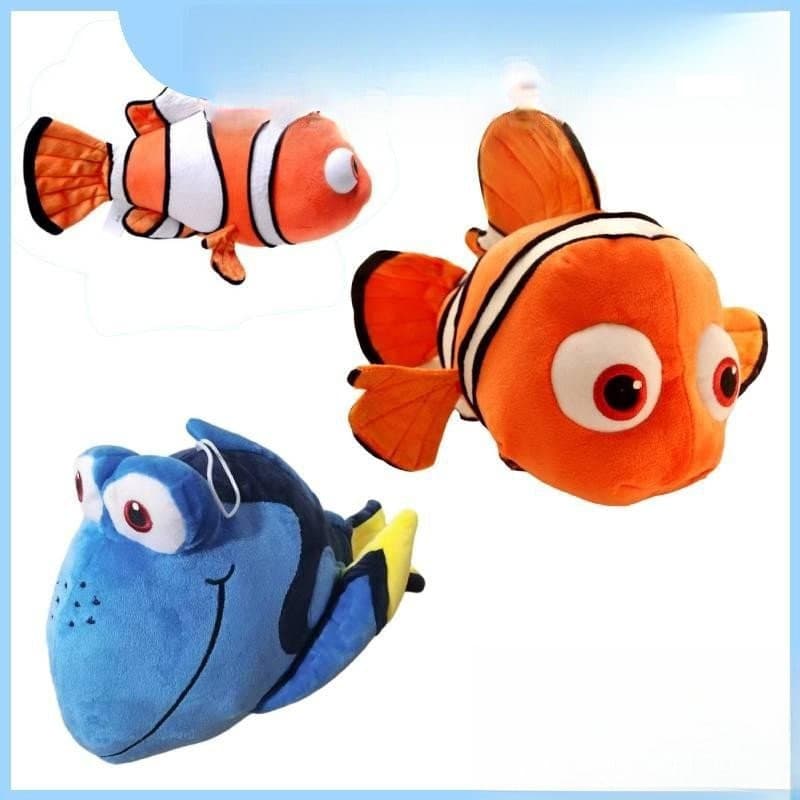 O adorável Nemo está procurando brinquedos de pelúcia de peixe-palhaço e peixe-dory, perfeitos para presentes de anivers