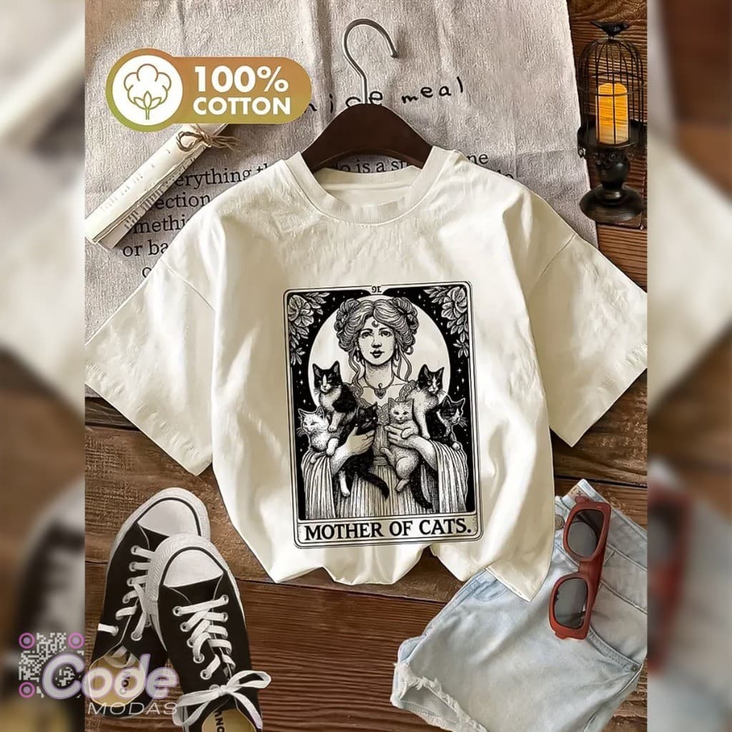Camisa Camiseta T-Shirt Mãe de Gatos Estilo Retrô Algodão Vintage