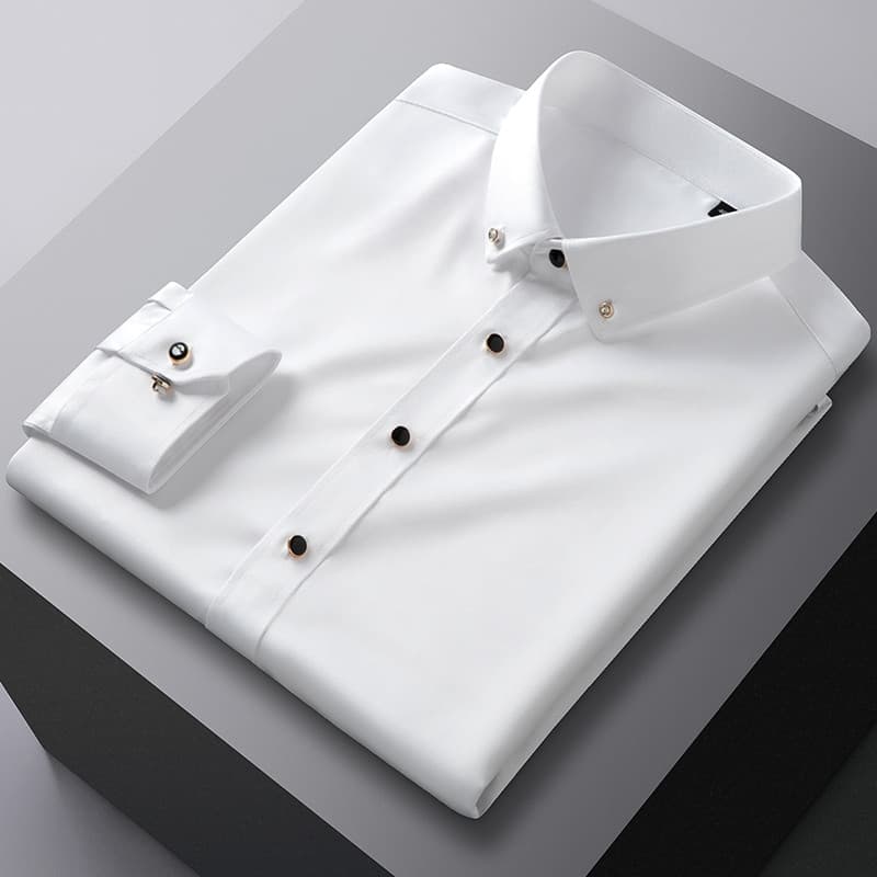 Camisa Masculina Casual de Manga Longa, Sem Necessidade de Passar, com Botões de Diamante, de Seda, para Escritório, Tra