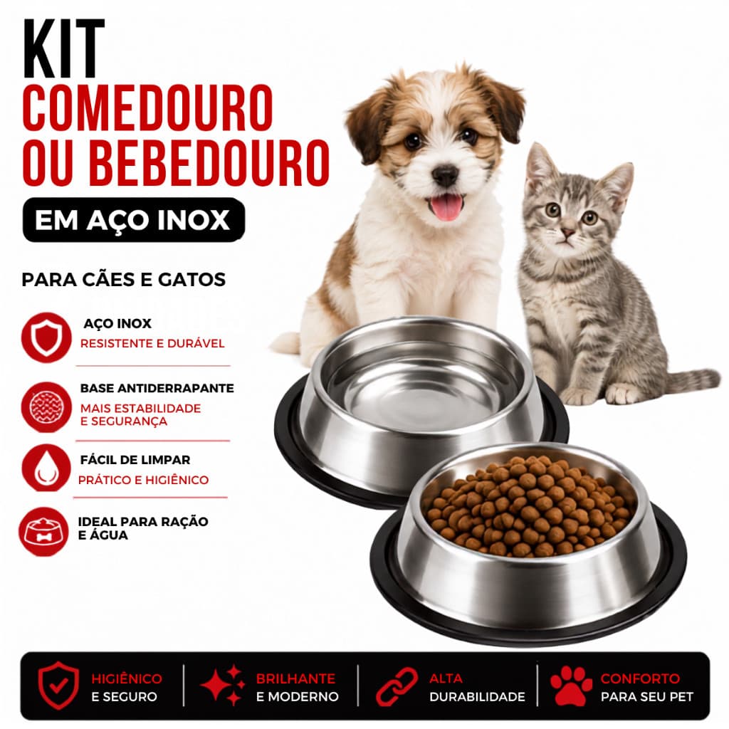 Comedouro Ou Bebedouro Inox Para Cachorro E Gato Com Base Antiderrapante Pet