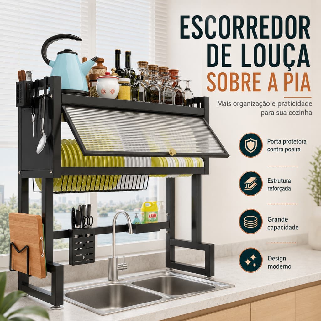 Organizador Sobre Pia De Cozinha Com Porta Acrílico, Suporte Para Louças, Temperos E Utensílios