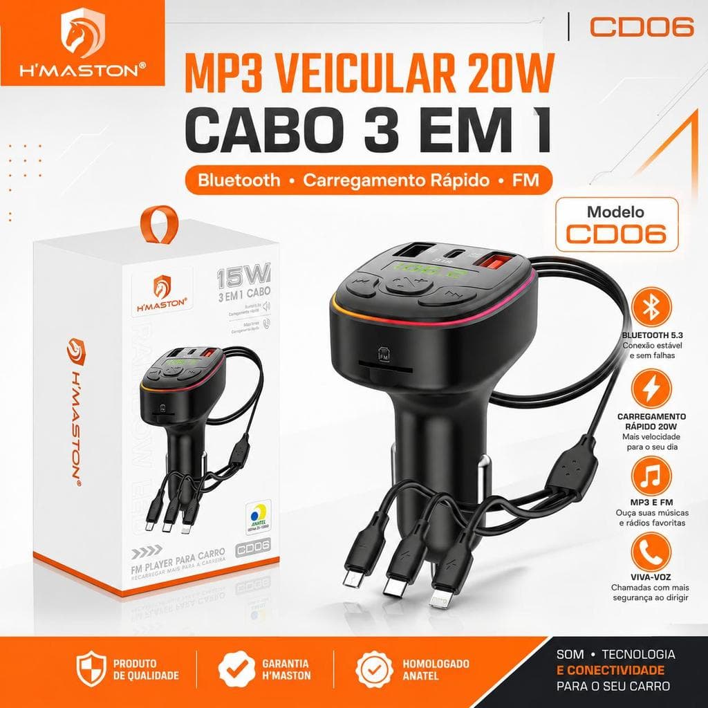 Transmissor FM para Carro H'Maston CD06 Carregador Veicular 20W Duas Portas USB + Cabo 3 em 1 Bluetooth MP3 Player