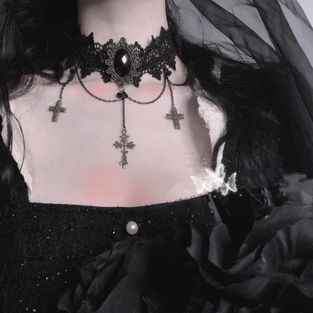 Gótico Punk Lolita Preto Renda Gargantilha Colares Para Mulheres Meninas Tendência Cruz Pingente Colar Festa Jóias Acess