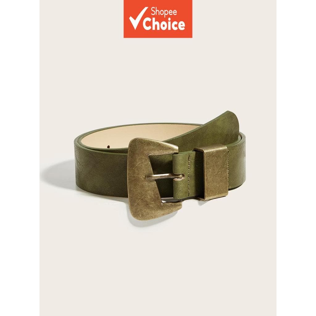 Cinto feminino de PU na cor verde oliva, cinto Y2K, para vestido feminino, cinto retrô com fivela de bronze