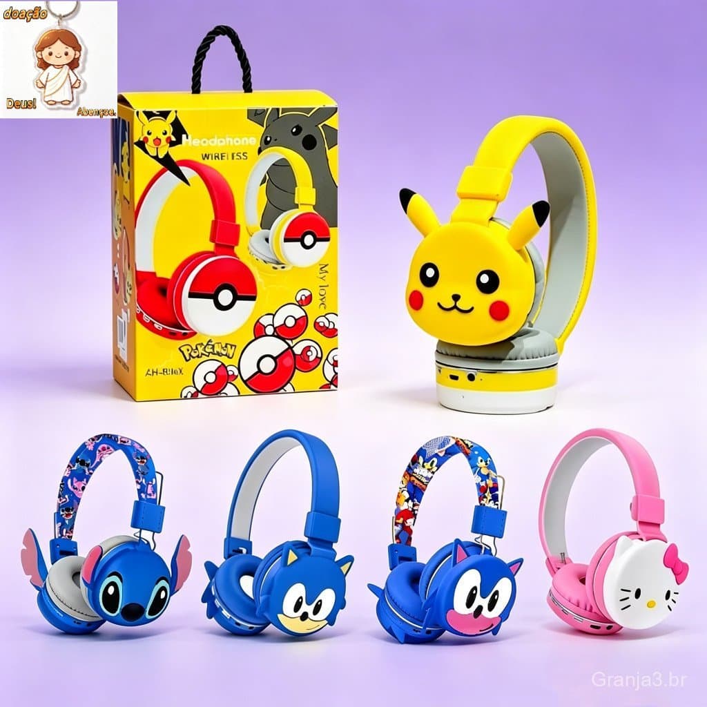 Pikachu Fone de Ouvido Bluetooth Infantil Sem Fio Dobrável Volume Seguro Presente para Crianças