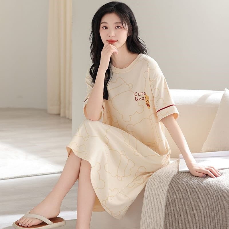 Camisola de verão feminina algodão de manga curta bonito dos desenhos animados influenciador pijamas feminino verão solt