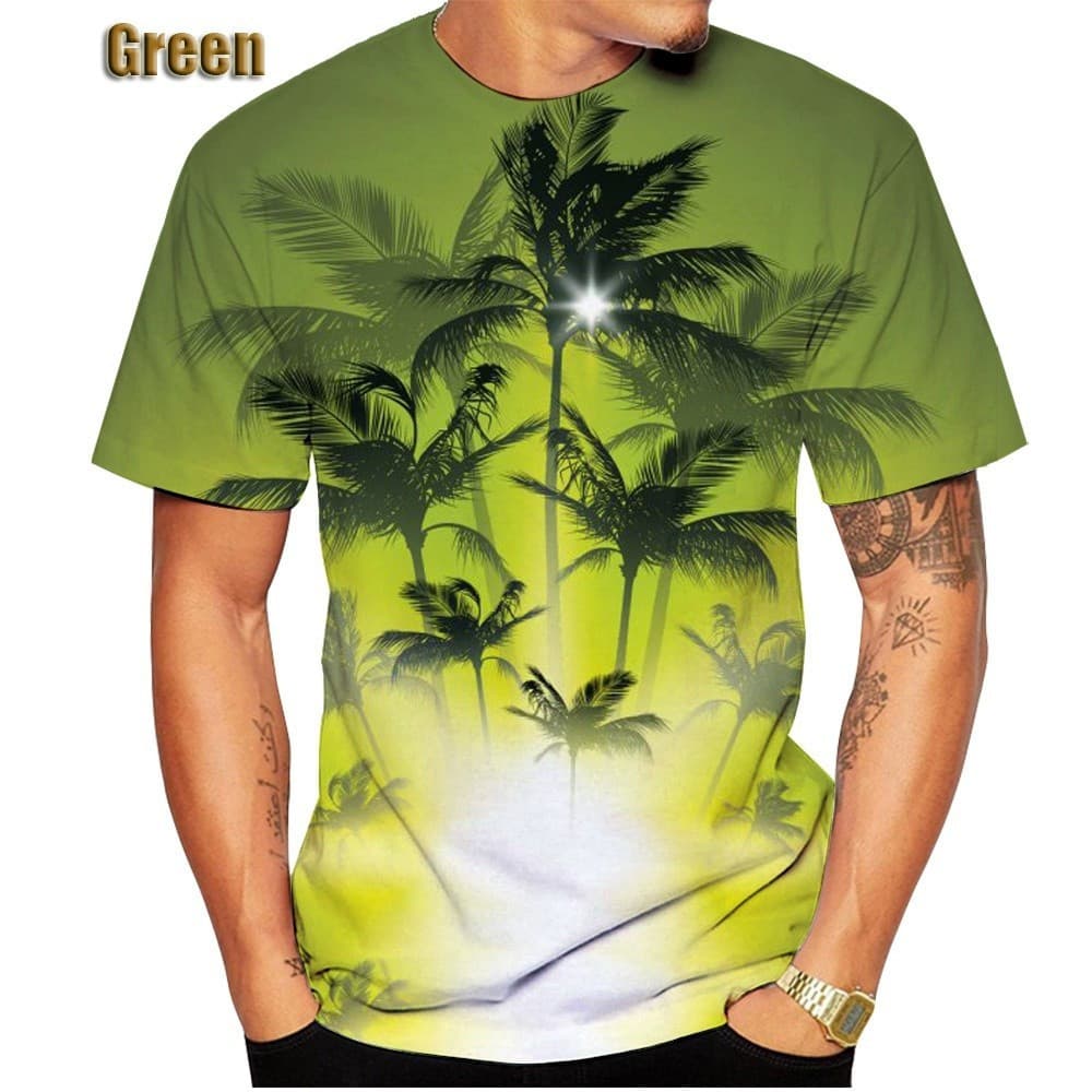 Camiseta Masculina Moda Havaí Férias Surf Paraíso 3D Praia Palma Motivo Impresso Camisa Colorida Havaiana Manga Curta T
