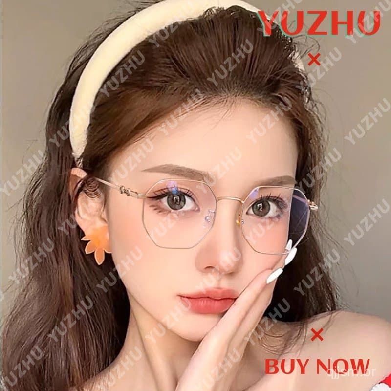 (YUZHU) Óculos de Grau Femininos de Metal Poligonal Anti Luz Azul TR, Estilo Coreano