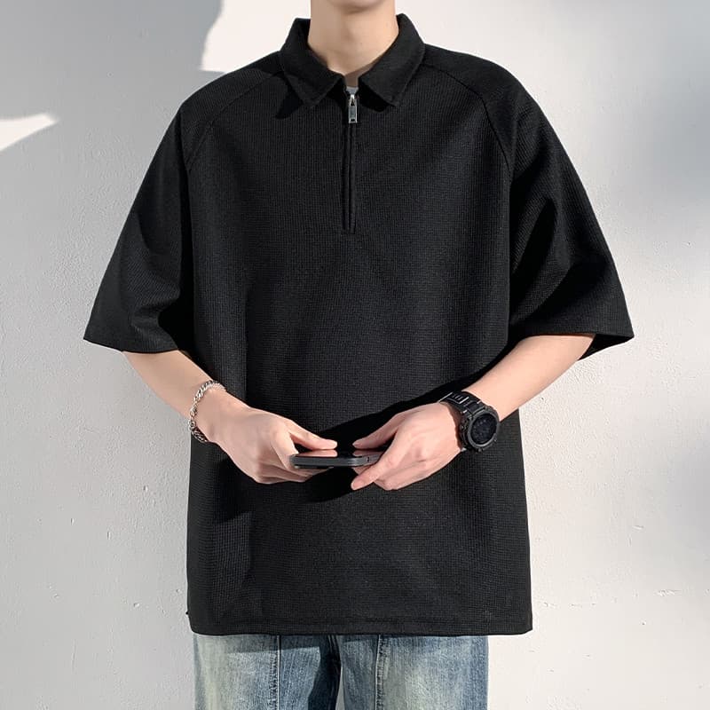 Americano meio zíper Retro cor sólida Waffle camisa polo de manga curta masculina verão Street Wear High-End solto camis