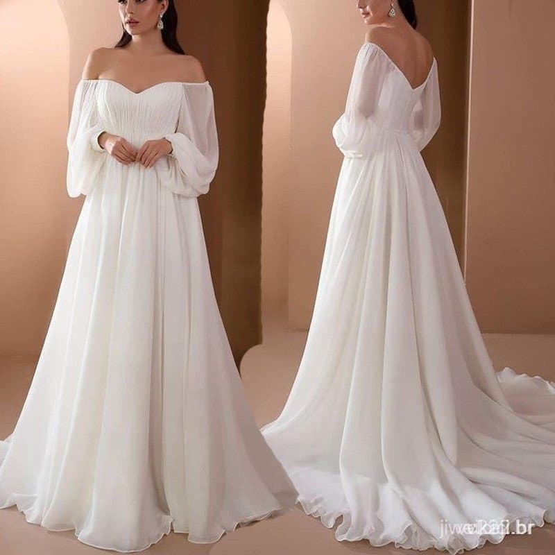 Vestido de Noiva de Chiffon com Gola e Manga Longa em Cor Sólida para Mulheres, Adequado para Festas DTXG E5RU