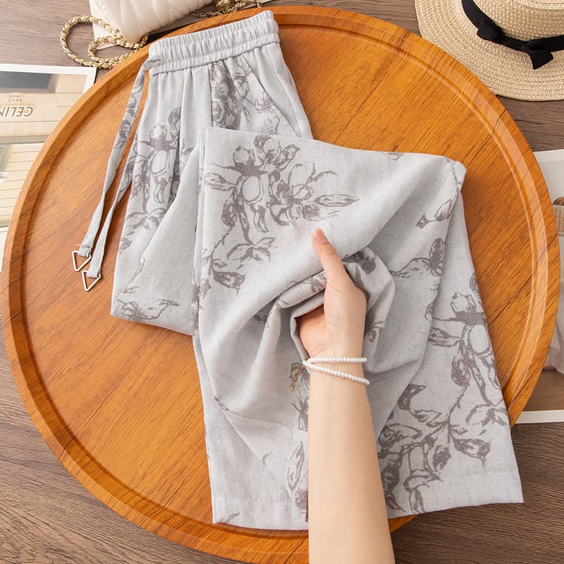 2026 novo estilo verão tinta impressão feminina calças de perna larga fina cintura alta solta mais magro olhar Drape Cas