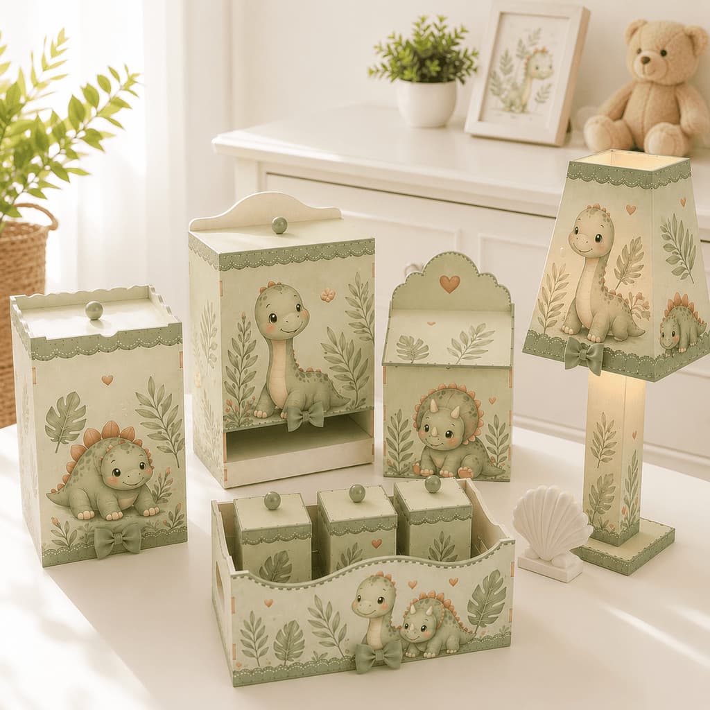 Kit Higiene Bebê Dinossauro Baby Dino 8 Peças MDF com Bandeja Potes e Farmacinha