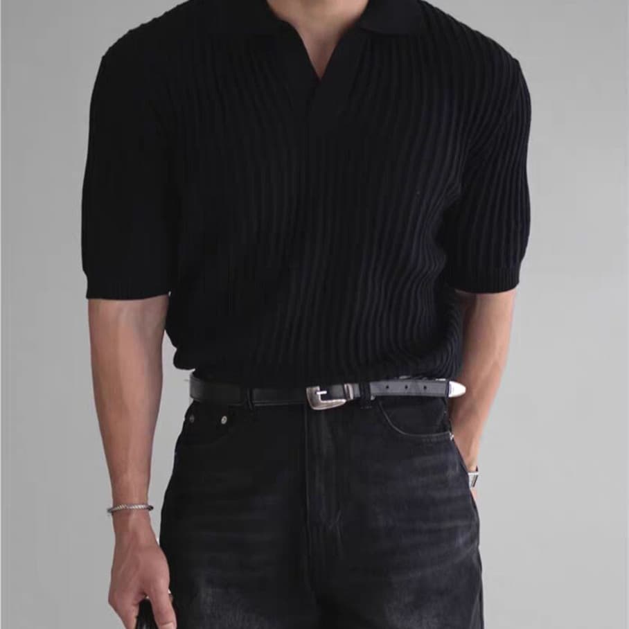 [Fornecimento direto transfronteiriço] Camisa Polo masculina leve estilo maduro com tira Vertical Casual All-Match textu