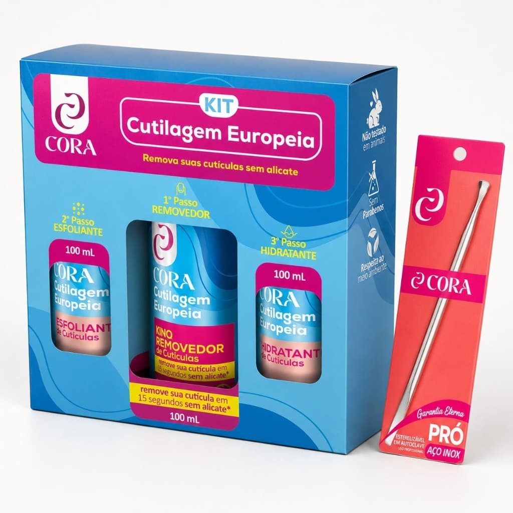 Kit Cutilagem Europeia Cora Removedor Esfoliante e Hidratante de Cutículas Gel Cravo karité Espátula