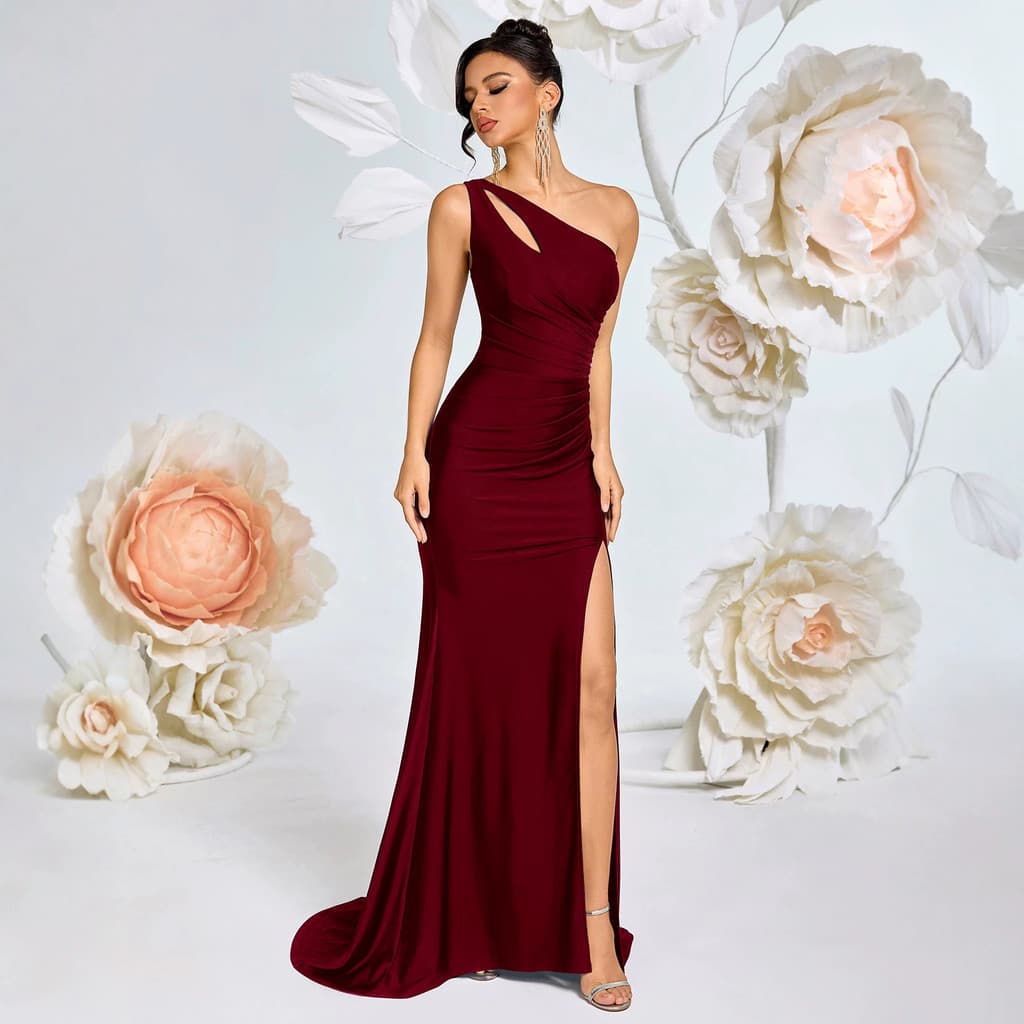 Novo vestido de noite de cetim, estilo europeu e americano, leve e luxuoso, com corte justo e cauda, elegante e de cor s