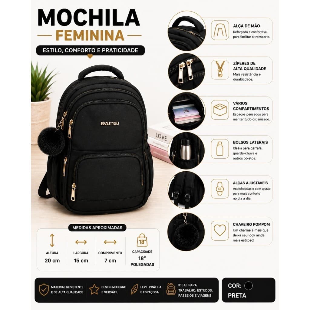 Mochila Feminina Preta com Dourado 18 Polegadas – Elegante, Moderna e Espaçosa