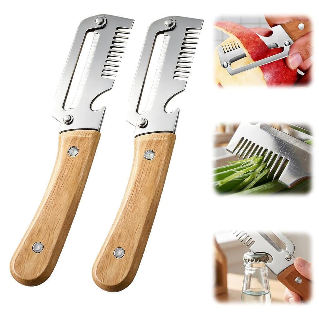 Vegetable Peeler with Wooden Handle and Bottle Opener, Multifunctional Kitchen Peeler Utensil