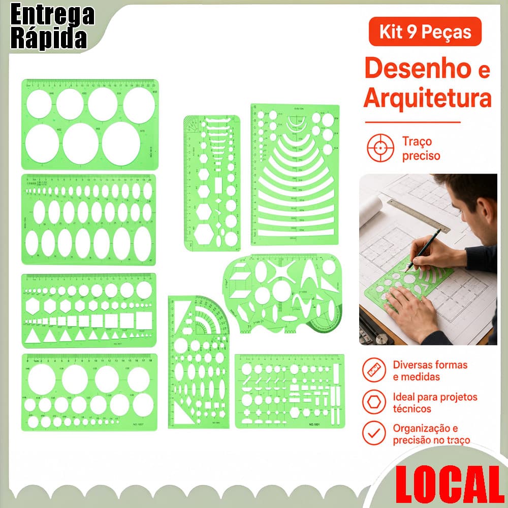 Conjunto de 9 peças conjunto de ferramentas de desenho de construção Design de estudante régua de desenho transferidor c
