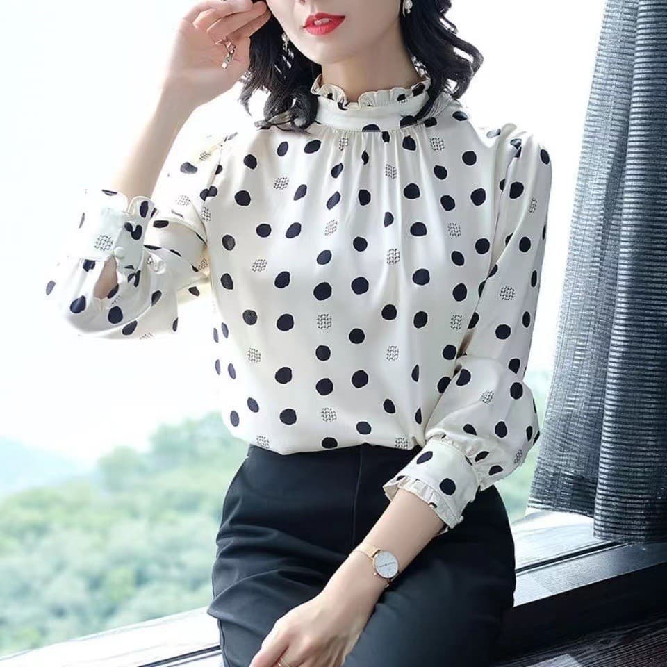 0 outono gola alta pulôver moda bolinhas impressão versão coreana gola folha de lótus camisa blusa manga longa