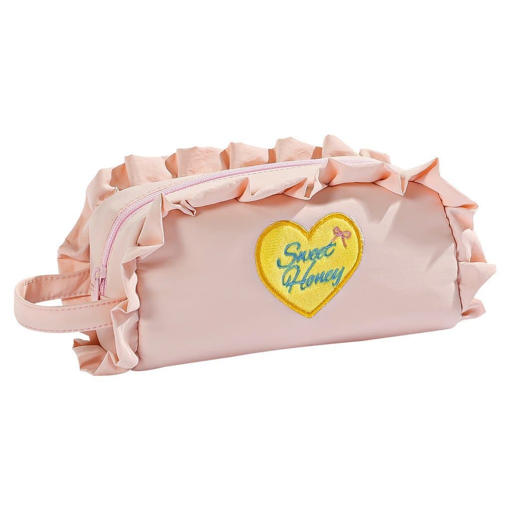 Estojo de Lápis ins Sweet Words com Bordado de Coração e Design Plissado, Estojo de Lápis Portátil de Alta Estética para