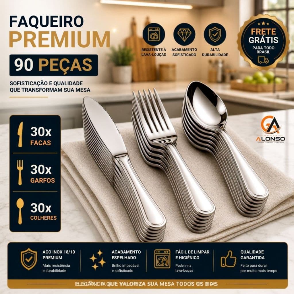 Kit 90 Peças Talheres em Aço Inox 30 Garfos 30 Facas 30 Colheres  Casa Cozinha Buffet