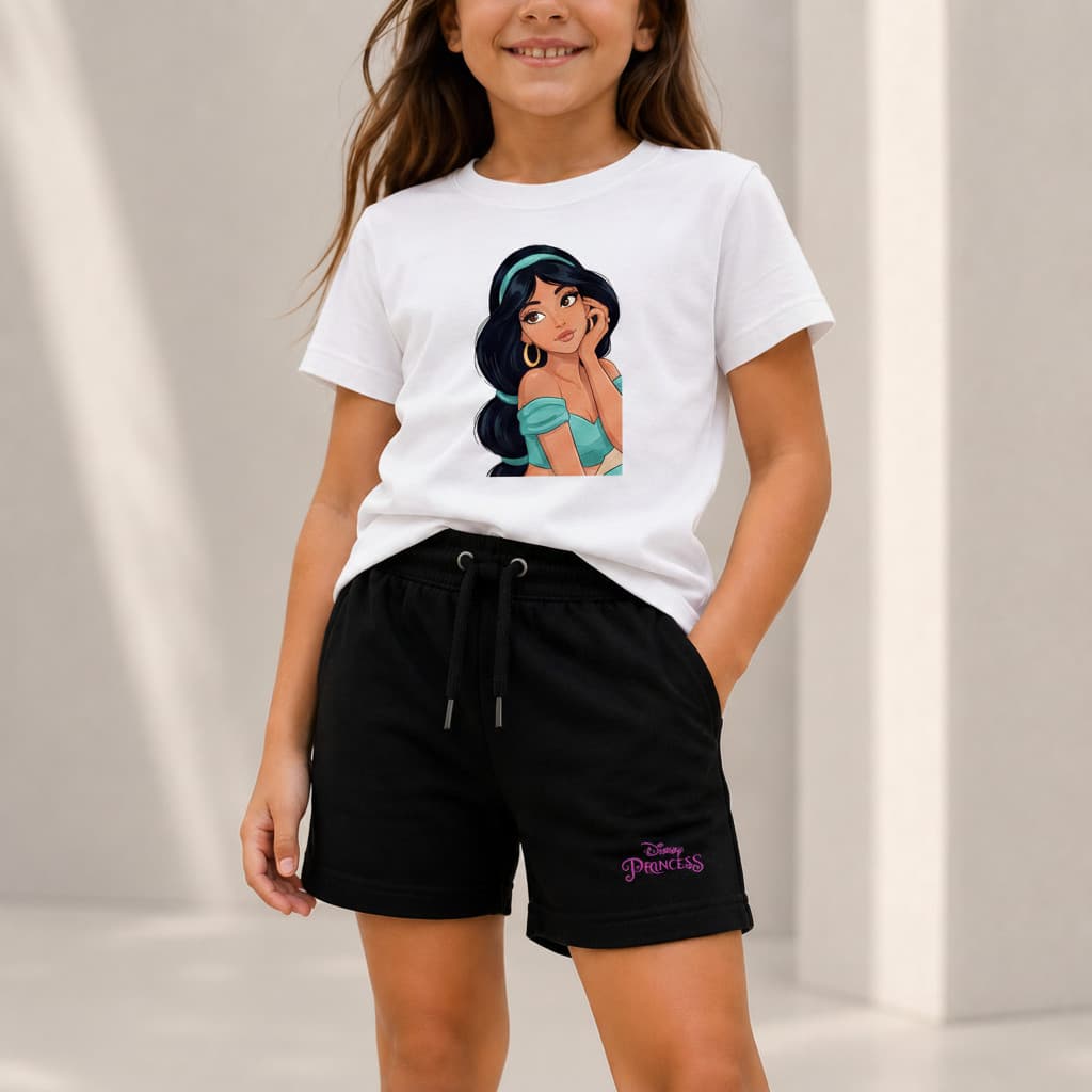 Kit Camiseta Infantil Jasmine Aladdin Menina e Bermuda Moletinho