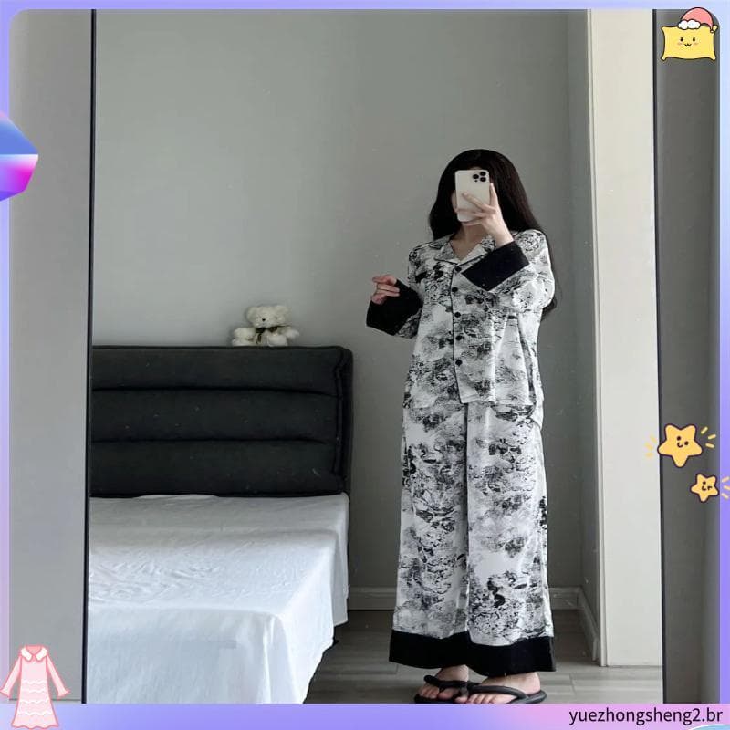 Primavera outono High-End tinta impressa pijamas feminino novo estilo ins estilo versão coreana de manga comprida Cardig