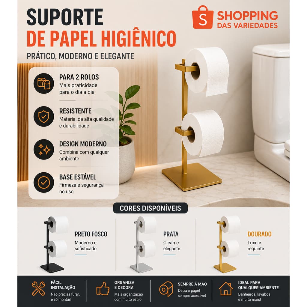 Suporte Porta Papel Higiênico De Chão Para 2 Rolos Banheiro Lavabo Moderno Preto Prata Dourado
