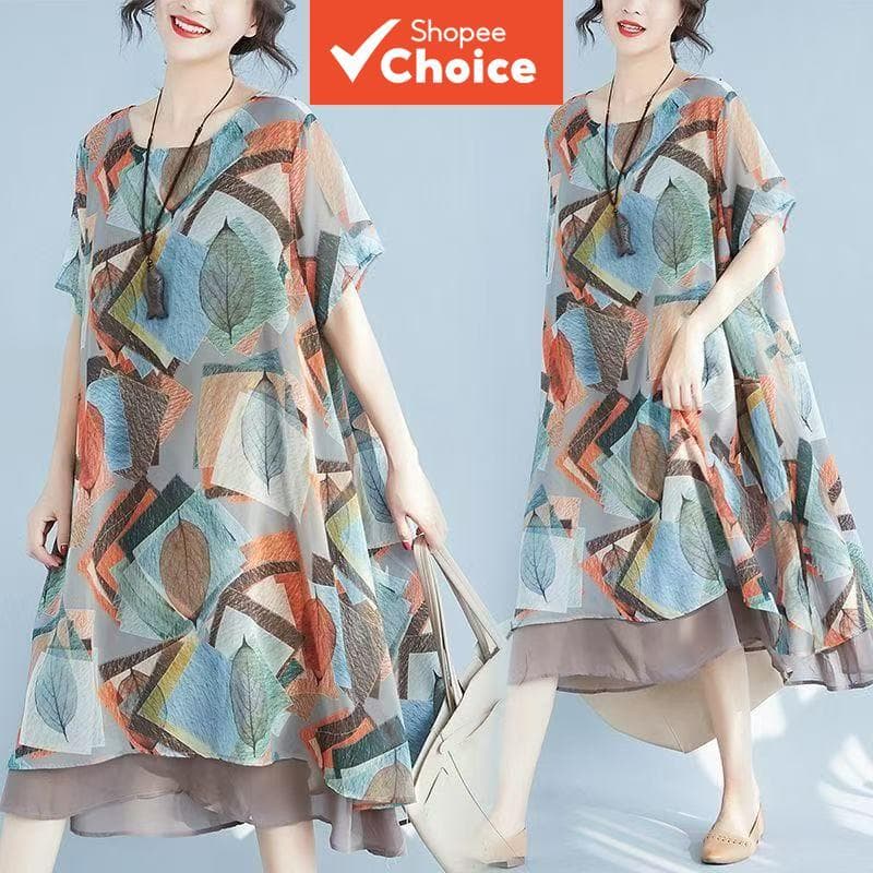 Vestido Chiffon 2026 Verão Novo Feminino Plus Size Solto Esconde Barriga Vestido Casual Mãe