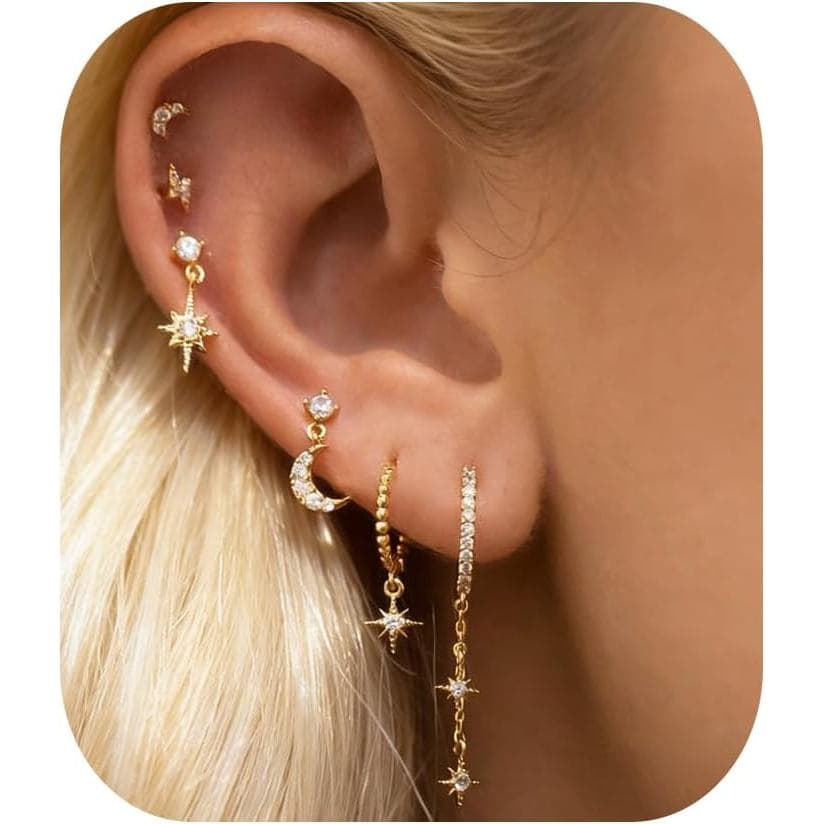 6 Peças/6 Pares de Brincos Hipoalergênicos de Prata Esterlina 925 com Pino, Banhados a Ouro 14K, para Mulheres, Conjunto