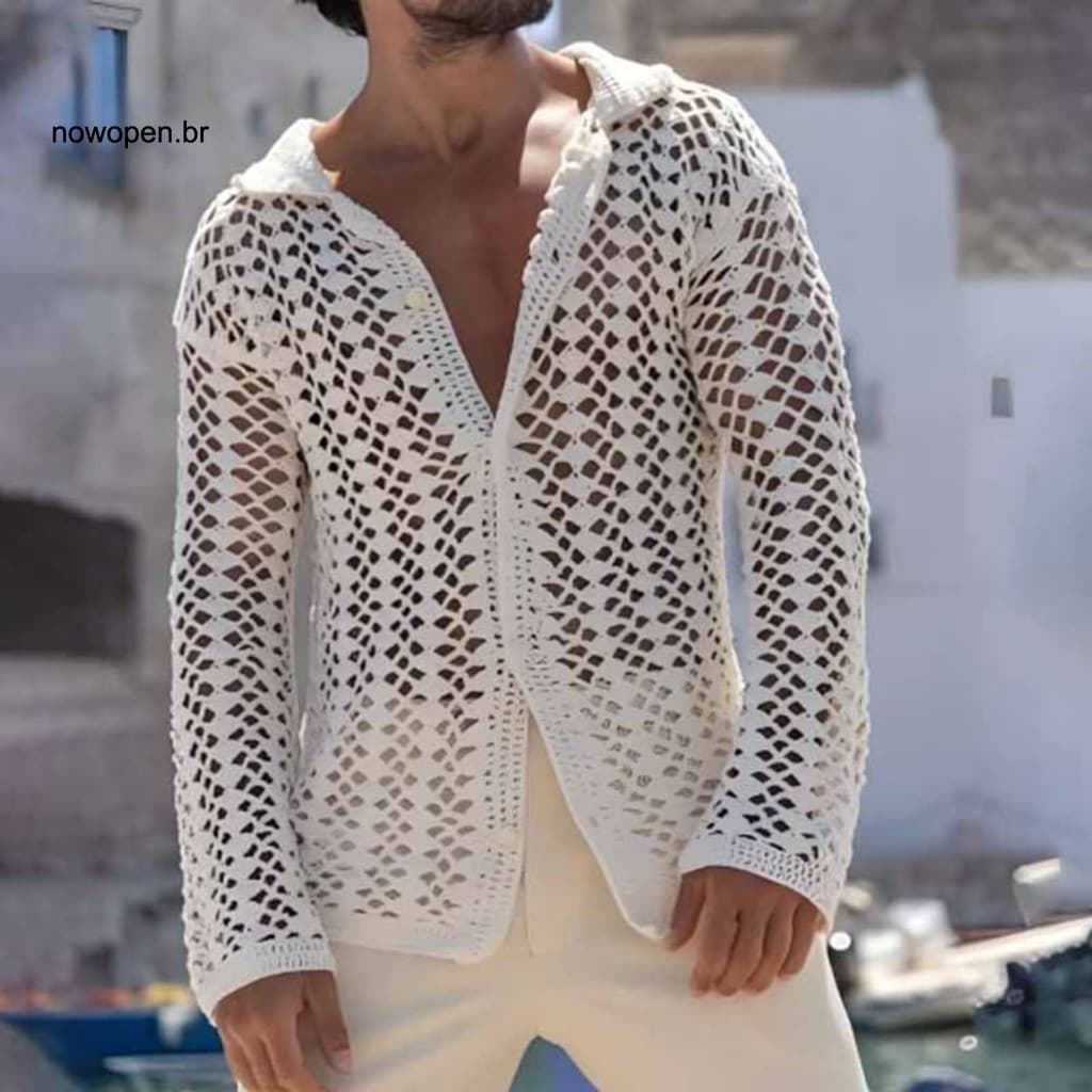 Lapel Long-sleeve Shirt Men Knitted Men's Long Sleeve Mesh Casual Button-down Hollowed Out Top Lightweight Breathable St