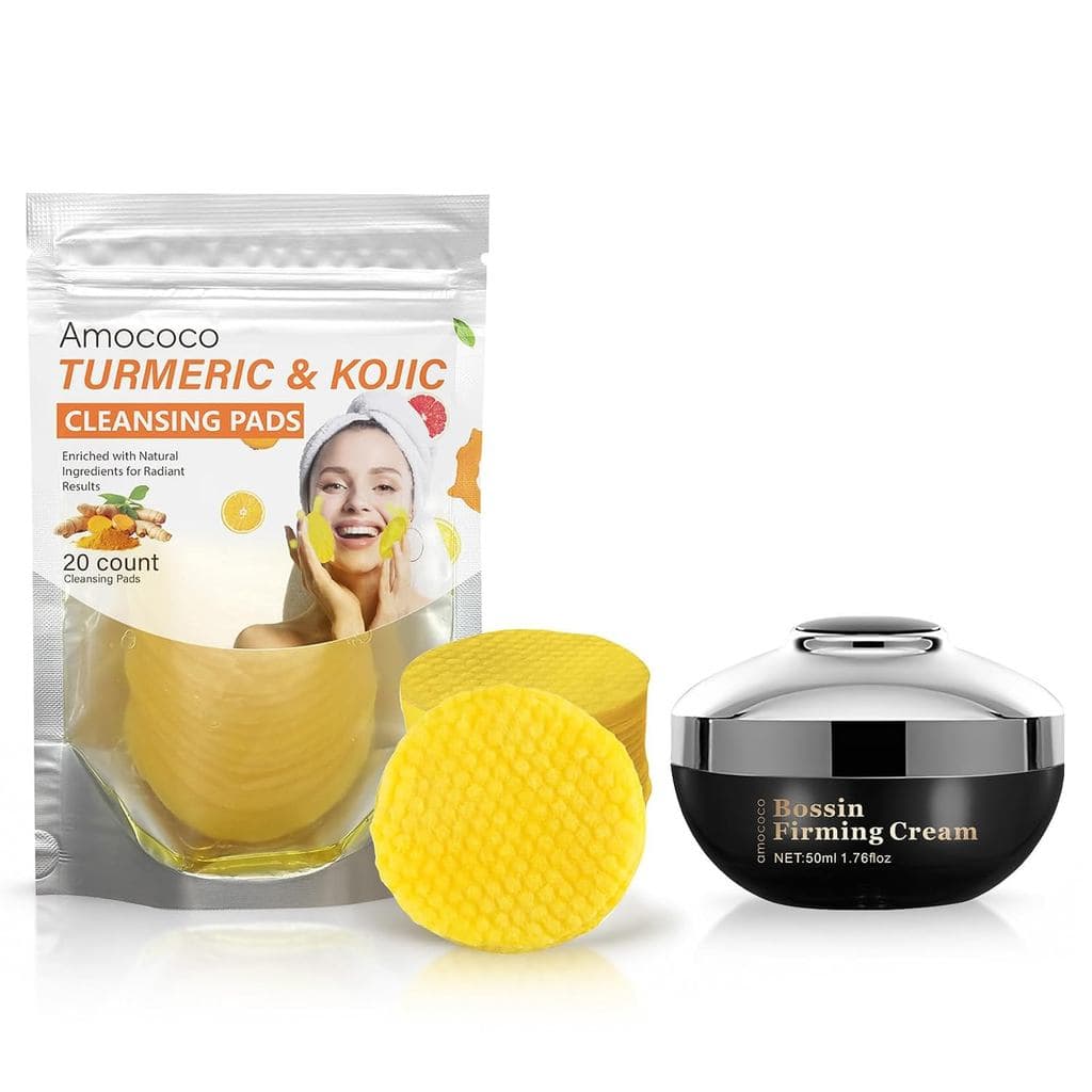 Conjunto de 20 Discos de Limpeza com Cúrcuma e Ácido Kójico e Creme Facial, Camomila para Manchas Escuras, Uniformização