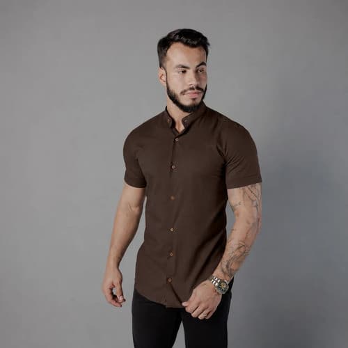 Camisa Social Gola Padre Marrom Manga Curta De Linho