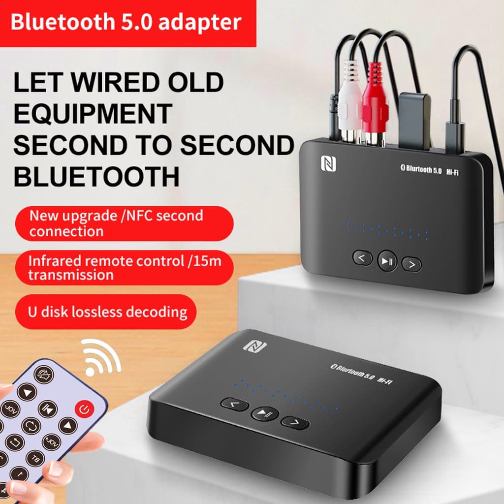Receptor de Áudio J&M NFC Bluetooth 5.0 com Conector RCA de 3,5mm e Porta USB para Adaptador de Amplificador de Som Auto