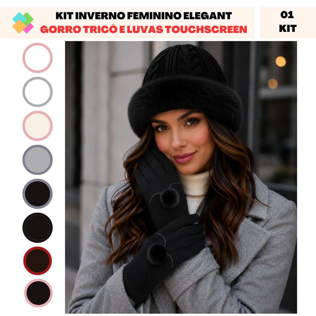Kit de Inverno Feminino Elegant - Gorro Tricot Peluciado e Luvas Touchscreen (1 Kit)