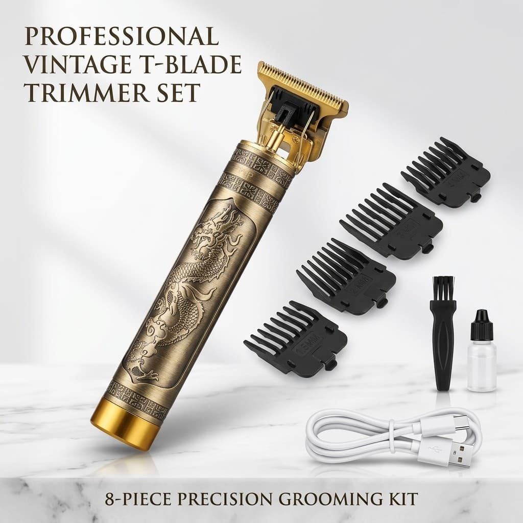 Aparador de Barba e Pezinho T9 Dragao Dourado Visor LED Maquina de Acabamento Preciso 0mm