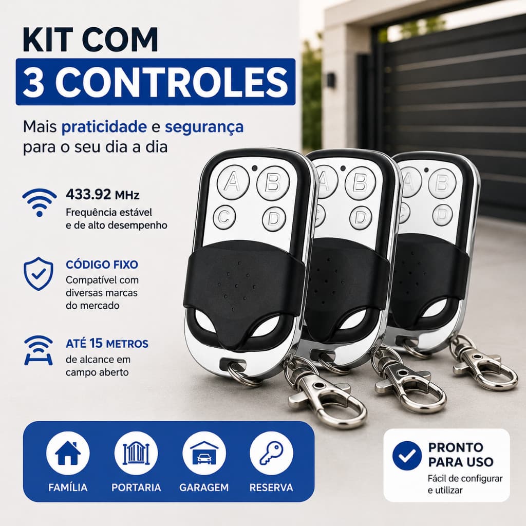 Controle Remoto Universal para Portão Elétrico Eletrônico Garagem com Chaveiro 433mhz 4 Botões