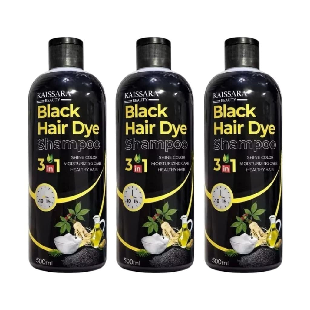 Kit 3 Shampoo Kaissara HAIR DYE 3 EM 1 500ml Tonalizante Cobre Cabelos Brancos Rápido Escurecedor Preto