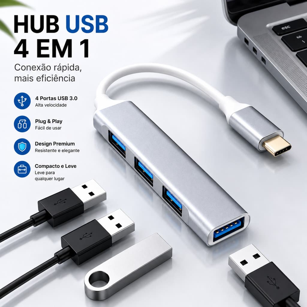 Hub USB Tipo C 4 Portas USB 3.0 e 2.0 Adaptador Expansor para Notebook PC Laptop