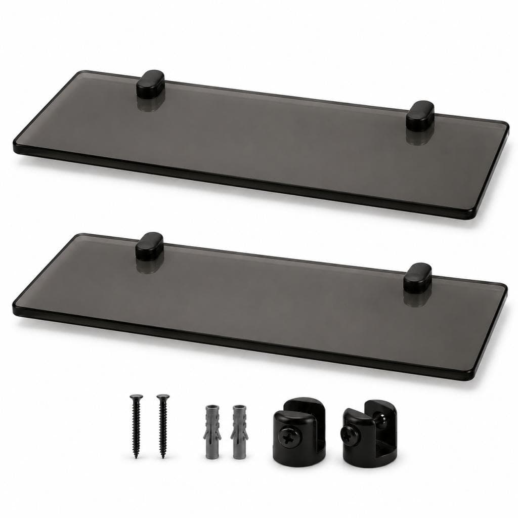 Kit 02 Prateleiras p/ Banheiro 30cm Vidro Fumê e Suporte Preto Fixação Segura Premium