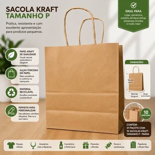 Pacote Com 10 Sacolas Kraft Parda Tamanho P Papel Resistente Alça Reforçada Embalagem Ecológica Prática