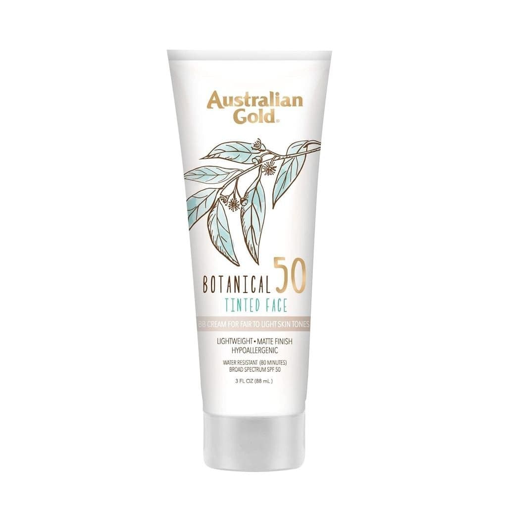 Protetor Solar Facial Tinted Botânico Australian Gold SPF 50, BB Cream Não Químico, Resistente à Água, Acabamento Matte,