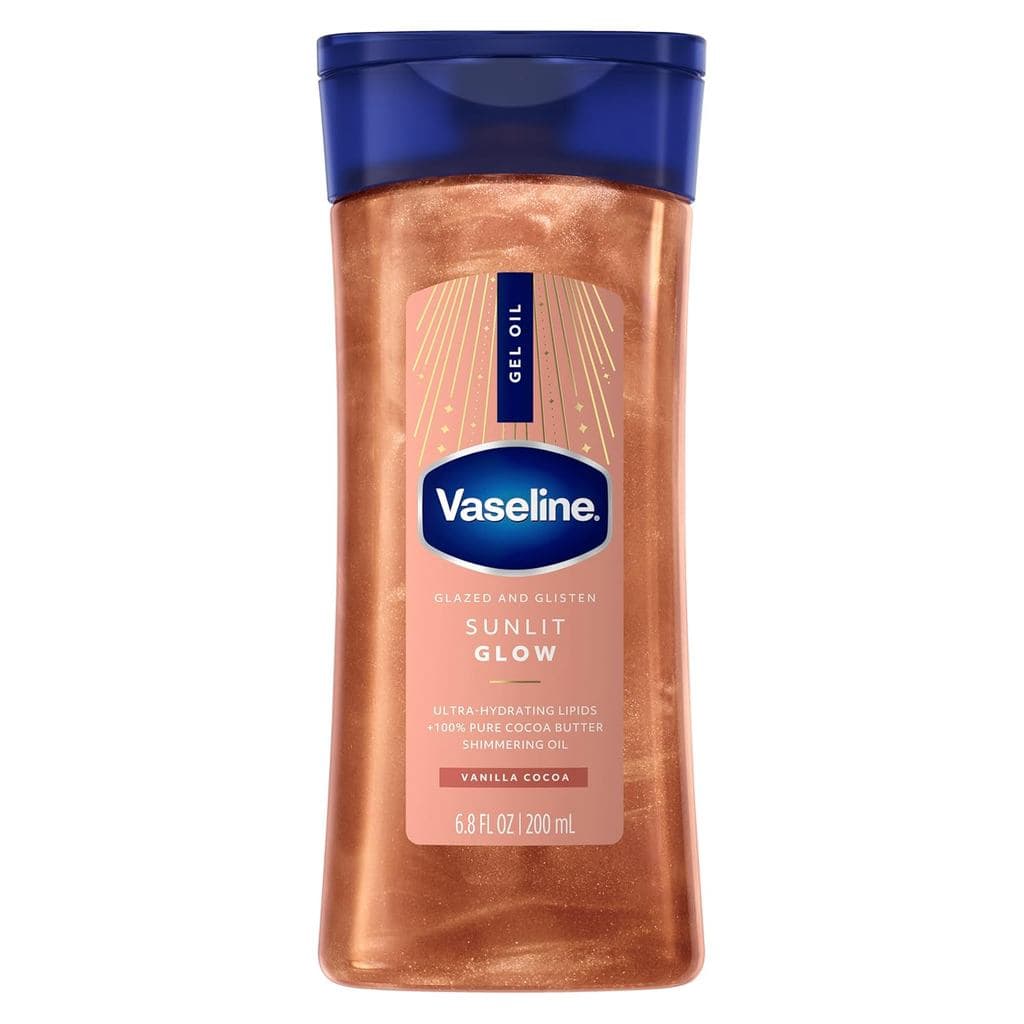 Vaseline Glazed and Glisten Sunlit Glow Body Gel Oil Baunilha Cacau Cintilante com Lipídios Ultra-Hidratantes e 100% Man