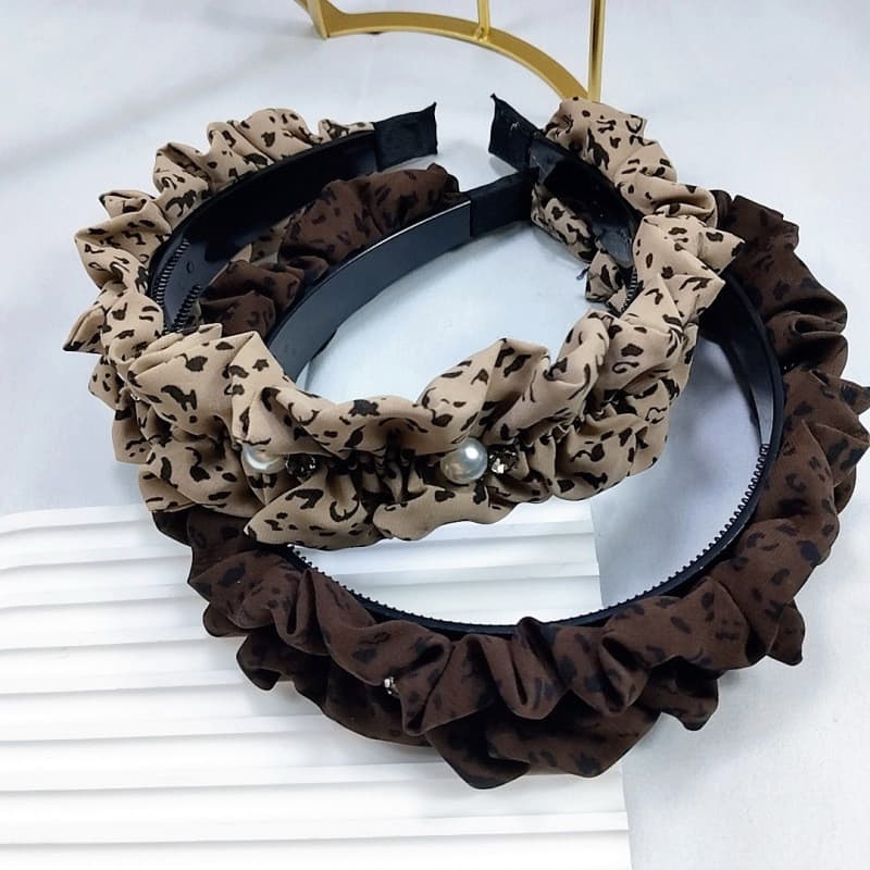 Leopardo impressão plissado dentado bandana headwear Retro início do outono Outing All-Match Anti-deslizamento pressiona