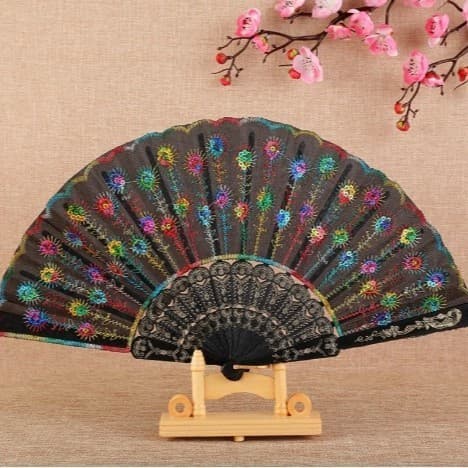 Ventilador colorido haste preta lantejoulas ventilador dobrável estilo chinês dança Hanfu estudante ventilador bordado v