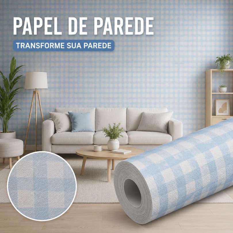 Papel de Parede Infantil Xadrez Azul Adesivo Premium Lavável Quarto Menino Bebê Unissex 5m x 45cm