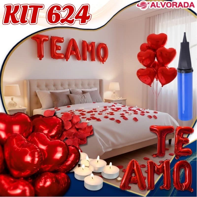 Kit Romântico - 200 Pétalas + 20 Velas + 6 Balões Coração + Balão Te Amo + Fitilho + Bomba-AD