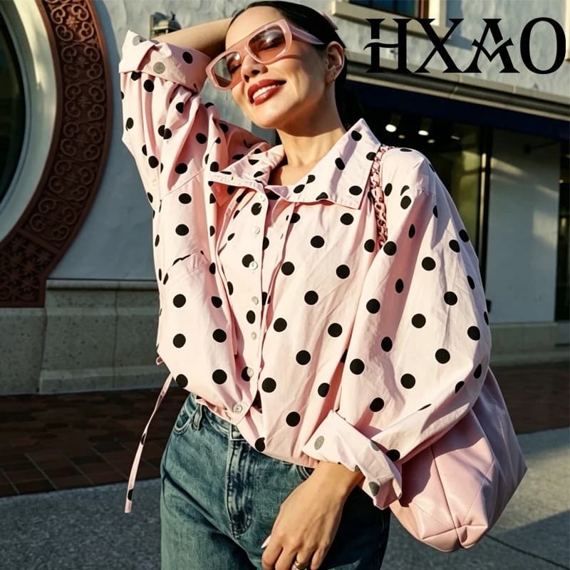 HXAO 2026 Nova Jaqueta Feminina de Bolinhas com Amarração, Casaco Curto Rosa Solto, Estilo Urbano Elegante, Jaqueta Bomb
